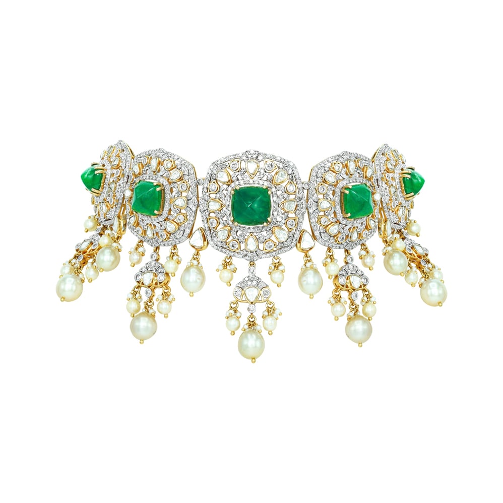 Emerald and Polki Choker with Pearls